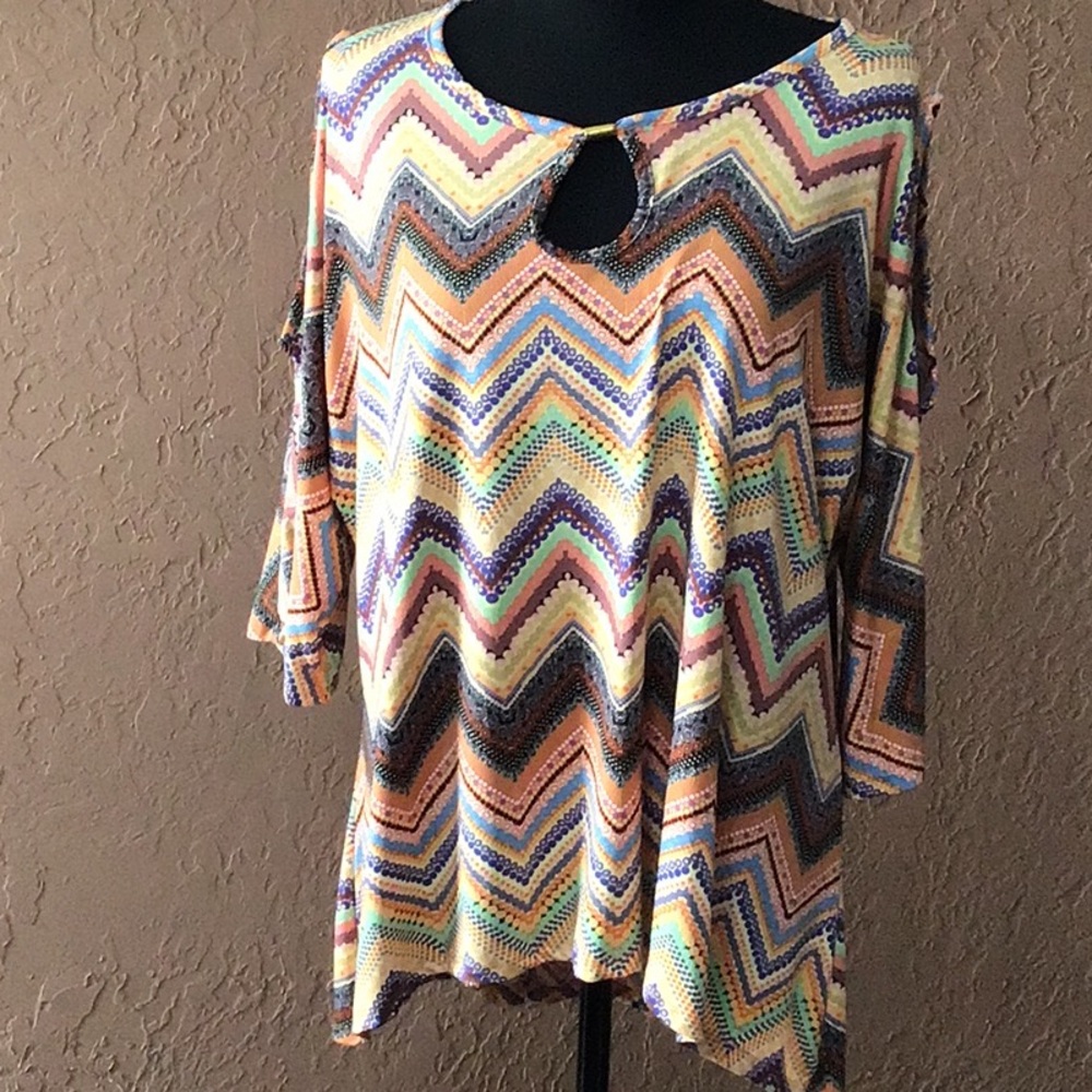 Robert Louis Women's Boho Multicolor Cold Shoulder Tunic Bell Sleeves Size L